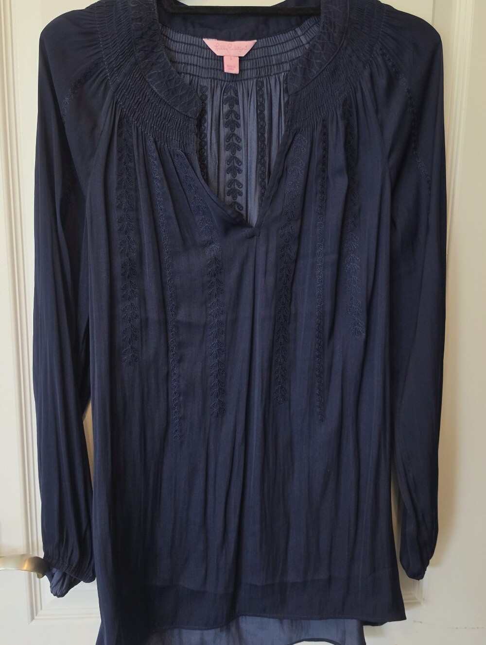 Lilly Pulitzer Tunic Top Womens Navy Blue V-Neck Long Sleeve Small